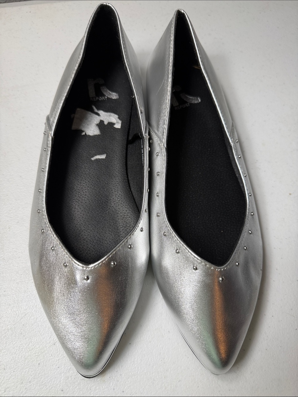 Report Silver Pointed-Toe Studded Ballet Flats